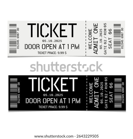 Plain white and black event tickets. Simple blank design for concerts, theaters, and parties. 