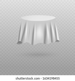 Plain white fabric sheet covering round table shaped object floating in air - isolated mystery item hidden by silk drapery with realistic texture, vector illustration