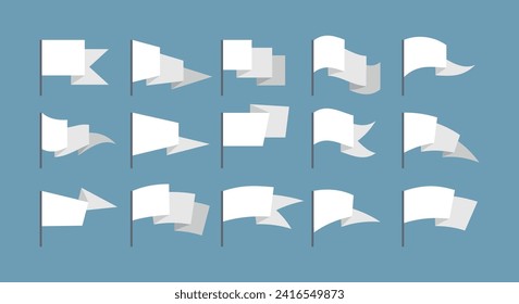 Plain white flags miniatures. Different shapes blank flag icons, little paper banners on sticks collection isolated vector illustration