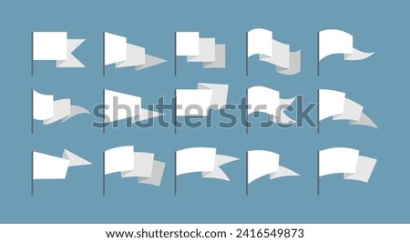 Plain white flags miniatures. Different shapes blank flag icons, little paper banners on sticks collection isolated vector illustration