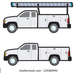 A plain white generic work truck typically used by companies and contractors for use on job sites.