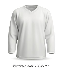 Plain white hockey jersey with long sleeves and V-neck collar, isolated front view