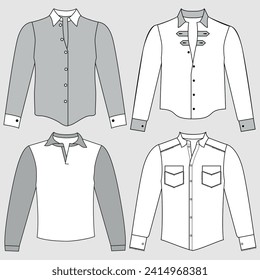 plain white shirt flat sketch vector illustration means technical cad drawing template of long sleeve office shirt and dress.