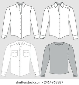 plain white shirt flat sketch vector illustration means technical cad drawing template of long sleeve office shirt and dress.