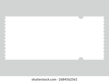A plain white ticket with a rectangular shape and serrated edges, indicating it can be torn. It is presented isolated on a neutral gray background, ready for customization.