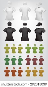 Plain women's t-shirt template.Isolated background. Back, front, side views.