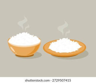 Plain wthite rice on bowl and plate vector. Hot cooked rice set. Ideal for restaurant and catering marketing, wallpaper, sticker, and healthy food illustration