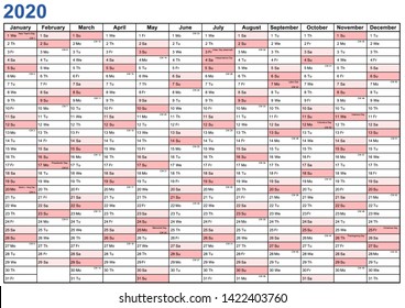 Plain Year Planner 2020 with public holidays  for the USA and with CW