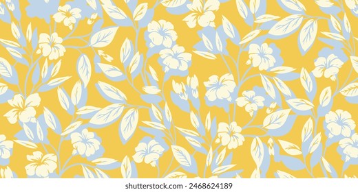 Plain yellow seamless pattern with abstract artistic wild floral stems. Silhouettes of blooming branches tiny flowers buds and small leaves printing. Vector hand drawing. Nature ornament for designs