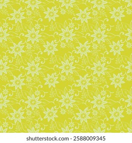 Plain yellow seamless pattern with abstract artistic wild floral stems. Silhouettes of blooming branches tiny flowers buds and small leaves printing. Vector hand drawing. Nature ornament for designs