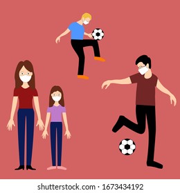 Plaing football family, father and son, mother and daughter, with medical white masks on the red background. Vector isolated painting art