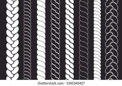 Plait and braids pattern brush set, Ropes in knotting style. Vector illustration