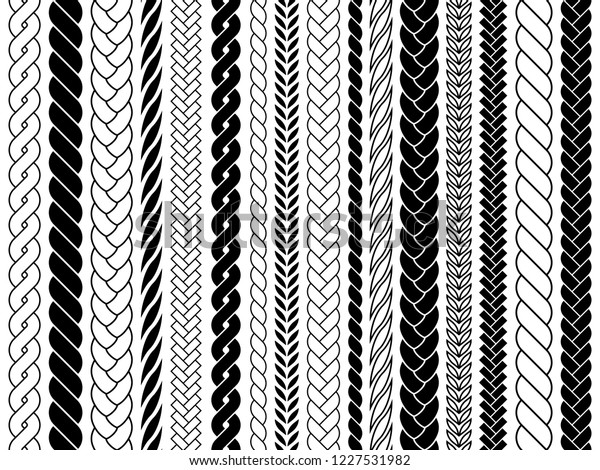 Plaits and braids pattern brushes. Knitting,\
braided ropes vector isolated\
collection