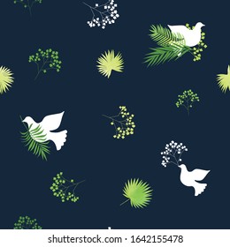 Plam sunday seamless pattern. Religious universal design on deep blue background