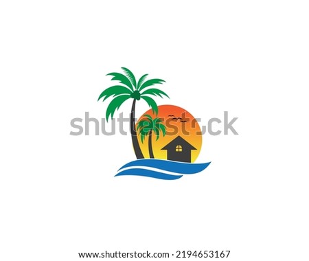 Plam Tree and Beach House Logo Icon. Summer Beach, Summer Vacation, Travel, Island and Sunset Beach Vector Icon.