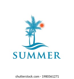 Plam tree with sun wave for holiday vacation outdoor logo design