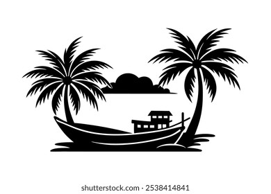 Palmera bajo el Vector con una silueta de barco sobre fondo blanco