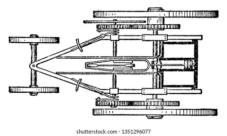 Plan of 1802 Trevithick Steam Carriage is connected to the shaft turning two gears on both sides, vintage line drawing or engraving illustration.