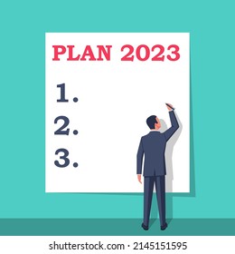 Plan 2023. To do list for next year. Vector illustration flat design. Isolated on white background. Businessman writes a motivational plan. Challenge for future.
