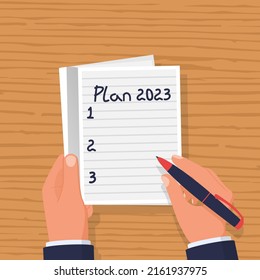 Plan 2023. To do list for next year. Vector illustration flat design. Isolated on white background. Businessman writes a motivational plan. Challenge for future.