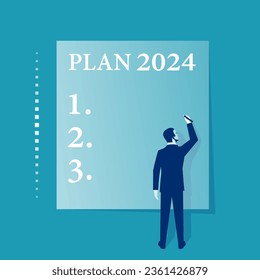 Plan 2024. To do list for next year. Vector illustration flat design. Isolated on white background. Businessman writes a motivational plan. Challenge for future.