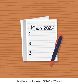Plan 2024. To do list for next year. Vector illustration flat design. Isolated on white background. Template for the text, write a motivational plan. Challenge for future.
