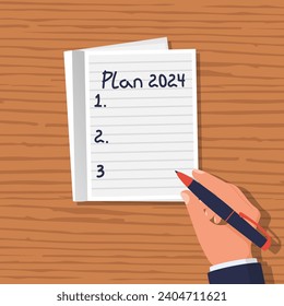 Plan 2024. To do list for next year. Vector illustration flat design. Isolated on white background. Businessman writes a motivational plan. Challenge for future.