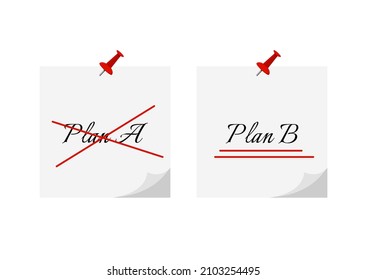 Plano A, B sobre pegatinas de memo de oficina con pasador de empuje. Plan a de fallo cruzado y opción alternativa subrayada b. Concepto de elección de planificación empresarial y gestión. Ilustración vectorial de diseño plano.