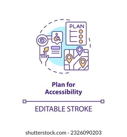 Icono de concepto de plan para accesibilidad. Sistema de seguridad. Diseño universal. Buscando señalización. Ilustración de línea delgada de idea abstracta de control de acceso. Dibujo de contorno aislado. Trazo editable