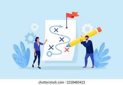 Plan to achieve goal. Businessmen planning business strategy on whiteboard, marketing tactic to reach target. Project analysis. Chart, scheme of action. Team brainstorm, solution to success