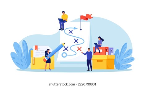 Plan to achieve goal. Businessmen planning business strategy on whiteboard, marketing tactic to reach target. Project analysis. Chart, scheme of action. Team brainstorm, solution to success