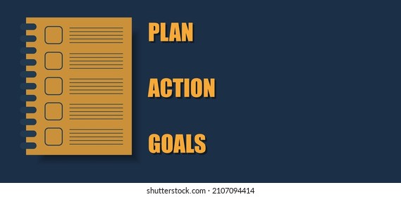 Plan action goals concept. Yellow notebook and a list of things to do in business on a dark green background. investment financial planning, competition with companies. For website or banner.