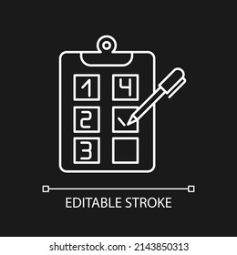 Plan adherence white linear icon for dark theme. Building goals. Business strategy. Objectives checklist. Thin line illustration. Isolated symbol for night mode. Editable stroke. Arial font used