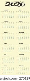 Planeje com antecedência o calendário de 2026, um design novo e moderno para mantê-lo organizado durante todo o ano, perfeito para qualquer escritório ou espaço doméstico.