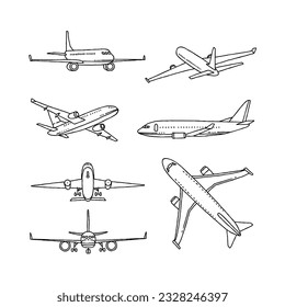 plan, airplane, transportation hand drawn doodle illustrations vector set