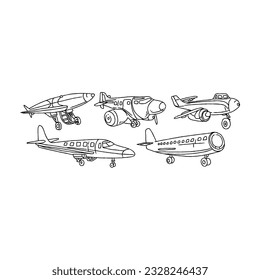 plan, avión, transporte dibujos a mano de dibujos de doodles conjunto de vectores