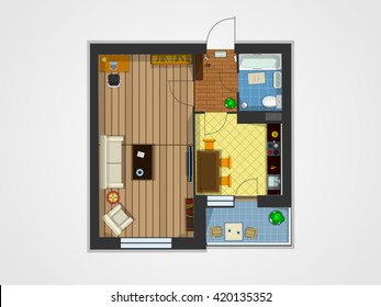 Plan of the apartment with furniture. Accommodation with kitchen, living room, and balcony. Vector illustration of top view. Architectural 3d.