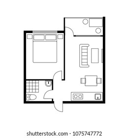 Plan apartment, studio, condominium. Black and white house floor plan, blueprint. One bedroom house/apartment with furniture. Architectural vector illustration. 1 Bedroom and 1 Bathroom.