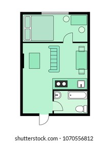 Plan apartment, studio, condominium. Color house floor plan, blueprint. One bedroom house/apartment with furniture. Architectural vector illustration. 1 Bedroom and 1 Bathroom.