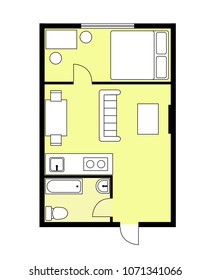 Plan apartment, studio, condominium. Color house floor plan, blueprint. One bedroom house/apartment with furniture. Architectural vector illustration. 1 Bedroom and 1 Bathroom.