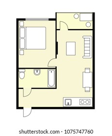 Plan apartment, studio, condominium. Color house floor plan, blueprint. One bedroom house/apartment with furniture. Architectural vector illustration. 1 Bedroom and 1 Bathroom.