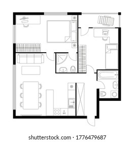 PLAN APARTMENT. Two bedroom layout floor plan. Studio, condominium. Interior design elements kitchen, bedroom, bathroom with furniture. Vector floorplan living room. Blueprint architectural plan.