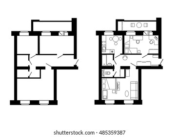 Plan apartments before and after redevelopment with furniture.House interior. Black and White floor plan of a modern apartment. Vector blueprint. Architectural background.