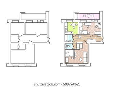 Plan apartments before and after redevelopment with furniture.House interior. Black and White floor plan of a modern apartment. Vector blueprint. Architectural background.