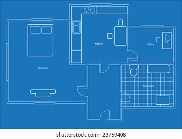 Plan of appartment on blue background with few rooms