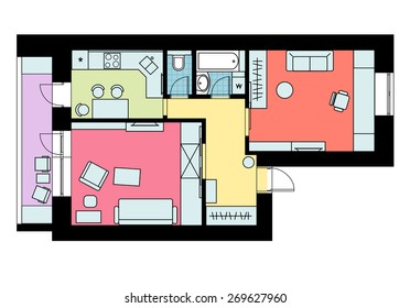 The plan of arrangement of furniture one-bedroom apartment with a colored floor. Vector illustration