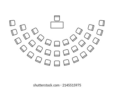 Plan for arranging chairs semicircle in interior, map seats amphitheater, layout graphic outline. Business, education, government furniture symbols in scheme architectural plan, top view. Vector line