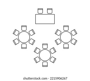 Plan for arranging seats and tables in interior on event banquet, layout graphic outline elements. Chairs and tables signs in scheme architectural plan. Furniture, top view. Vector line
