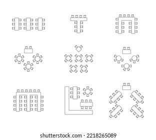 Plan for arranging seats and tables in interior on event banquet, layout graphic outline elements. Chairs and tables signs in scheme architectural scheme. Furniture, top view. Vector line illustration