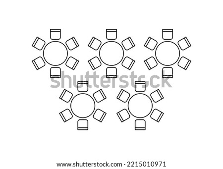 Plan for arranging seats and tables in interior on event banquet, layout graphic outline elements. Chairs and tables signs in scheme architectural plan. Furniture, top view. Vector line
